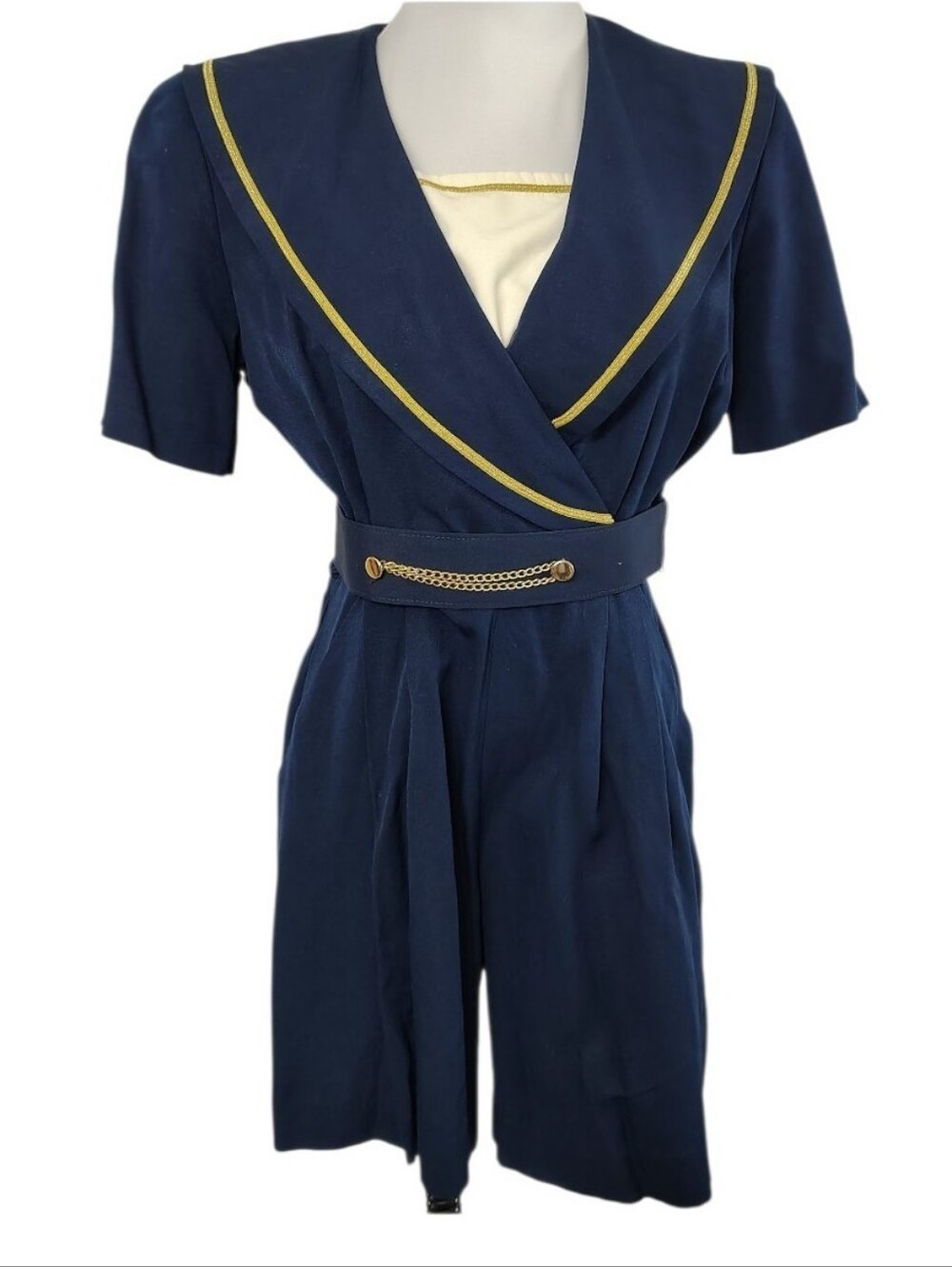 Vintage 80s 90s JSJ Petites Womens Navy Blue Romper Sailorcore Size 8